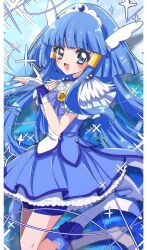 1girl aoki_reika blue_bow blue_bowtie blue_choker blue_eyes blue_hair blue_shirt blue_shorts blue_skirt blush boots border bow bowtie brooch choker cure_beauty fingerless_gloves gloves high_heel_boots high_heels highres jewelry knee_boots long_hair magical_girl open_mouth petticoat precure shinji_(udonteishoku) shirt short_sleeves shorts shorts_under_skirt sidelocks skirt skirt_set smile smile_precure! solo sparkle white_boots white_border white_gloves