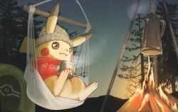 :3 beanie brown_eyes campfire camping closed_mouth clothed_pokemon commentary_request cup fire from_below gen_1_pokemon grey_headwear hat holding holding_cup jacket long_sleeves mocha_fushigi mug night nintendo outdoors pikachu poke_ball_print pokemon red_jacket silhouette sitting sky smile star_(sky) steam tent tree