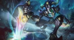 1boy 1girl absurdres blurry blurry_foreground bow bowtie character_request dagger diana_(league_of_legends) doll_joints gem glowing glowing_eyes grin hat highres holding holding_dagger holding_knife holding_weapon ice jack-in-the-box jester_cap joints knife league_of_legends mechanical_doll night official_art outdoors pants shaco shoulder_plates smile snow snowing squatting teeth tree weapon white_bow white_bowtie winterblessed_shaco yellow_eyes