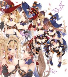 218 2girls asymmetrical_bangs beatrix_(granblue_fantasy) beatrix_(halloween)_(granblue_fantasy) blonde_hair blue_eyes breasts brown_eyes brown_hair cleavage commentary detached_collar granblue_fantasy halloween halloween_costume hat large_breasts long_hair looking_at_viewer multiple_girls navel one_eye_closed open_mouth ponytail thighhighs translated twintails witch_hat zeta_(granblue_fantasy)