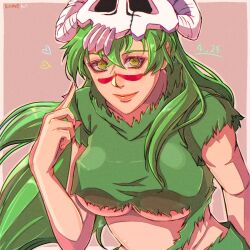 Rule 34 | 1girl, bleach, breasts, green eyes, green hair, highres, large breasts, long hair, looking at viewer, midriff, nelliel tu odelschwanck, solo, strikek-lvvjm27, torn clothes, underboob