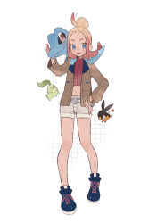 1girl blonde_hair blue_eyes brown_jacket chikorita commentary_request crop_top gen_2_pokemon gen_5_pokemon gradient_hair hair_bun highres hime_(himetya105) jacket long_sleeves midriff multicolored_hair navel nintendo open_clothes open_jacket open_mouth pink_hair pokemon pokemon_(creature) pokemon_legends:_z-a red_shirt ribbed_shirt shirt shorts smile taunie_(pokemon) tepig totodile turtleneck