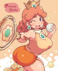 1girl ass ball blue_eyes breasts brown_hair highres huge_ass ibukichi large_breasts legs looking_at_viewer mario_(series) mario_tennis nintendo one_eye_closed open_mouth outstretched_arm princess princess_daisy racket shirt short_hair shorts sleeveless sleeveless_shirt smile solo sportswear tennis_ball tennis_racket tennis_uniform thick_thighs thighs wink