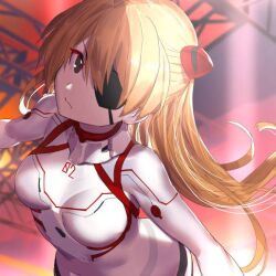 1girl adachi_yousuke closed_mouth commentary eyepatch from_above hair_between_eyes interface_headset_(evangelion) long_hair looking_at_viewer mecha_pilot_suit neon_genesis_evangelion orange_hair sidelocks solo souryuu_asuka_langley upper_body