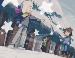 1boy 2others animal_ears asriel_dreemurr bandana bandana_around_neck black_pants black_pantyhose black_shirt blue_shorts blue_sweater boots bow brown_boots brown_hair chara_(undertale) closed_mouth commentary_request crossed_arms frisk_(undertale) furry furry_male gloves goat_boy goat_ears green_hoodie grey_pants hair_bow holding holding_knife hood hoodie knife multiple_others open_clothes open_hoodie open_mouth outstretched_arm pants pantyhose pantyhose_under_shorts pine_tree red_gloves red_shoes shirt shoes short_hair shorts snow star_(symbol) storyshift striped_clothes striped_sweater sweater tree undertale urooooooo_88 white_shirt