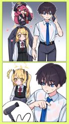 1boy 2girls absurdres belt black_belt black_coat black_dress black_hair black_hat black_pants black_shirt blonde_hair blue_archive blue_eyes blue_necktie blush cellphone coat demon_horns dress grey_eyes hair_between_eyes hair_dryer halo hat highres horns ibuki_(blue_archive) iroha_(blue_archive) je_o_mo long_hair long_sleeves multiple_girls necktie notice_lines open_mouth pants phone pinafore_dress purple_halo red_hair red_necktie red_ribbon ribbon sensei_(blue_archive) shirt short_hair short_sleeves sidelocks sleeveless sleeveless_dress smartphone smile twintails upper_body wet wet_clothes white_shirt yellow_eyes yellow_halo