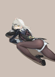 1girl absurdres ass black_shoes feimaobushuomiao from_side highres long_sleeves looking_at_viewer on_floor pantyhose serious shoes simple_background solo striped_clothes striped_pantyhose white_hair yellow_eyes yixuan_(trails_of_ink)_(zenless_zone_zero) yixuan_(zenless_zone_zero) zenless_zone_zero