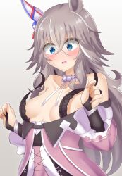 !? 1girl absurdres animal_ears blue_eyes blush breast_slip breasts collarbone embarrassed grey_hair hair_between_eyes hair_ornament highres horse_ears horse_girl kusarigama_sshimi looking_at_viewer no_bra nose_blush portrait simple_background small_breasts solo textless_version umamusume unlikely_accident wardrobe_malfunction white_background wonder_acute_(umamusume)