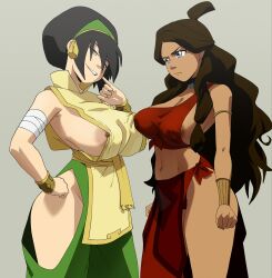 2girls absurdres aged_up alternate_breast_size areola_slip avatar:_the_last_airbender avatar_legends black_choker black_hair blind blue_eyes bracelet breasts choker cleavage clothing_cutout cowboy_shot dark-skinned_female dark_skin grey_background grey_eyes highres hip_vent inker_comics jewelry katara large_breasts long_hair multiple_girls nipples parted_lips pinky_out sideboob simple_background smile toph_beifong