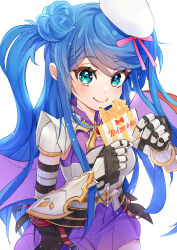 1girl absurdres armor beret black_gloves blue_eyes blue_hair blush breastplate chicken_(food) closed_mouth commentary cowboy_shot double_bun dragon_knight_(ragnarok_online) english_commentary familymart food fried_chicken gauntlets gloves hair_bun hat highres long_hair looking_at_viewer noxxia39 pauldrons purple_shirt purple_skirt ragnarok_online shirt shoulder_armor simple_background skirt smile solo twintails white_background white_hat