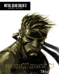 1boy big_boss copyright_name dexter_soy headband male_focus metal_gear_(series) metal_gear_solid_3:_snake_eater monochrome naked_snake solo watermark web_address