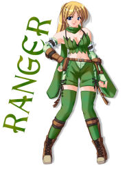 1girl 2000s_(style) belt blonde_hair blue_eyes boots bra_strap breasts brown_belt brown_boots cleavage closed_mouth commentary_request elbow_gloves fingerless_gloves full_body gloves green_gloves green_scarf green_shorts green_thighhighs green_tube_top hand_on_own_hip high_ponytail long_hair looking_at_viewer medium_breasts ponytail ragnarok_online ranger_(ragnarok_online) scarf shorts simple_background smile solo strapless tatsumi_ray thighhighs tube_top white_background