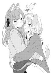 2girls animal_ears arrow_through_heart bang_dream! bang_dream!_it&#039;s_mygo!!!!! blush cat_ears cat_girl cat_tail closed_mouth dog_ears dog_girl dog_tail fate_(series) greyscale hanasakigawa_school_uniform haneoka_school_uniform highres hug kemonomimi_mode long_hair long_sleeves medium_hair misumi_uika monochrome multiple_girls parted_lips pleated_skirt school_uniform serafuku skirt tail togawa_sakiko two_side_up uikays