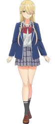 1girl ankle_socks black_socks blazer blonde_hair blue_jacket bow bowtie clenched_hands closed_mouth collared_shirt diagonal-striped_bow diagonal-striped_bowtie diagonal-striped_clothes expressionless full_body green_eyes grey_skirt hair_over_one_eye jacket loafers long_hair long_sidelocks looking_at_viewer miniskirt official_art one_eye_covered open_clothes open_jacket plaid_clothes plaid_skirt pleated_skirt red_bow red_bowtie school_uniform shade shirt shoes sidelocks simple_background skirt socks solo standing striped_clothes swept_bangs tachi-e tachibana_satsuki transparent_background watari-kun_no_xx_ga_houkai_sunzen white_shirt