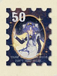 1girl apron ban_dawang black_dress black_hairband blonde_hair blue_hair closed_eyes colored_inner_hair dress english_text hair_intakes hair_ornament hairband hand_up highres long_hair multicolored_hair postage_stamp reverse:1999 school_uniform solo soviet_school_uniform sparkle star_(symbol) star_hair_ornament upper_body very_long_hair voyager_(reverse:1999) white_apron yellow_background