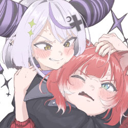 2girls ahoge akami_karubi anger_vein animal_ears black_coat blue_eyes blush cat_ears cat_girl clenched_teeth close-up coat commentary_request crazy_raccoon crescent crescent_hair_ornament demon_horns fang ganbaru_kari hair_ornament hand_on_another&#039;s_hand hand_on_another&#039;s_head hand_on_another&#039;s_shoulder headlock highres hololive horns la+_darknesss large_horns looking_at_another multiple_girls one_eye_closed open_mouth portrait purple_hair red_coat red_hair simple_background star_(symbol) star_hair_ornament strangling sweatdrop teeth virtual_youtuber x_hair_ornament yellow_eyes
