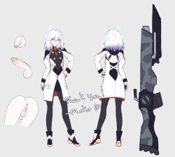 1other anus back_cutout bayonet black_pantyhose clothing_cutout erection flaccid from_behind futanari gradient_hair grey_background gun highres male_focus medium_hair mokotoko9 multicolored_hair original pale_skin pantyhose penis purple_eyes pussy rifle simple_background testicles thank_you weapon