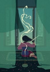 1girl architecture artist_name barefoot black_hair chinese_clothes curtains east_asian_architecture fa_mulan_(disney) facing_away full_body hand_in_own_hair helen_jee highres incense_burner long_hair long_sleeves mulan_(movie) open_window sitting smoke solo window