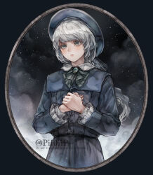1boy androgynous artist_name ascot blue_hat border buttons eyelashes green_ascot grey_eyes hashtag-only_commentary hat highres long_hair male_focus own_hands_together pii0iip round_border solo standing the_duskbloods twitter_username white_hair