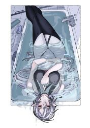 1girl arknights bath bathing bathtub border gladiia_(arknights) highres long_hair pappi_creamy partially_submerged pointy_ears purple_hair red_eyes solo thighs upside-down water wet wet_hair white_border