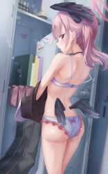 1girl absurdres ass bag bare_shoulders black_wings blue_archive blush book bow bow_panties bra bullet choker cross feathered_wings halo head_wings highres koharu_(blue_archive) locker looking_at_viewer looking_back low_wings medium_hair panties pink_eyes pink_hair pink_halo school_bag shizuki_eri solo thighs twintails underwear undressing white_bra white_panties wings