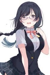 Rule 34 | 1girl, black hair, black vest, blush, braid, breasts, buttons, collared shirt, d:, glasses, grey-framed eyewear, grey eyes, highres, large breasts, long hair, looking at viewer, love live!, love live! nijigasaki high school idol club, low twintails, nakagawa nana, nijigasaki school uniform, notyu maru, open mouth, plaid clothes, plaid skirt, raised eyebrows, school uniform, semi-rimless eyewear, shirt, short sleeves, skirt, solo, summer uniform, sweat, twin braids, twintails, under-rim eyewear, vest, white background, white shirt, worried, yuki setsuna, yuki setsuna (love live!)