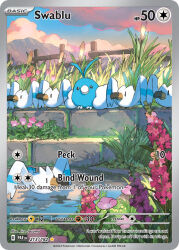 animal_focus artist_name bird blue_sky card_(medium) character_name closed_mouth cloud company_name copyright_name copyright_notice english_text fence flower gen_3_pokemon grass nintendo no_humans official_art outdoors pink_flower pokemon pokemon_(creature) pokemon_card pokemon_focus pokemon_tcg sasumata_jirou sky swablu third-party_source trading_card water wingull