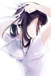 1girl adjusting_hair arms_up black_hair bloom eyelashes from_behind hair_ribbon hidden_face highres light long_hair misumi_(macaroni) mole mole_on_neck nape neck original ponytail ribbon sailor_collar school_uniform see-through_clothes see-through_silhouette shirt short_sleeves sidelocks simple_background solo standing tying_hair upper_body white_background white_ribbon white_shirt