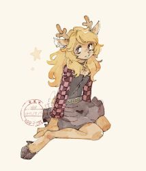 1girl alternate_costume animal_ear_piercing animal_ears barefoot belt black_choker black_skirt blonde_hair checkered_clothes choker dated deer_ears deer_girl deer_tail deltarune freckles full_body furry furry_female highres hooves horn_ornament horn_ring horns long_hair looking_at_viewer noelle_holiday red_eyes simple_background sitting skirt solo star_(symbol) tail utdr_(toby_fox) wariza wavy_hair white_background zunda_e_damame