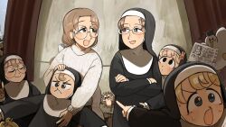 6+girls :&lt; :d :o bird black_eyes blonde_hair blue_eyes brown_eyes brown_hair brunette_bangs_nun_(diva) bunny_nun_(diva) chicken closed_eyes clumsy_nun_(diva) commentary diva_(hyxpk) duck duckling english_commentary eyelashes froggy_nun_(diva) glasses glasses_nun&#039;s_mother_(diva) glasses_nun_(diva) grey_hair habit hair_ornament hedgehog highres little_nuns_(diva) multiple_girls nun open_mouth pointing rabbit_hair_ornament round_eyewear slice_of_life smile spicy_nun_(diva) traditional_nun