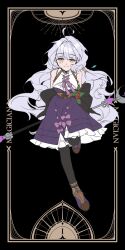 absurdres black_background boots breasts grey_hair highres mabinogi medium_breasts pantyhose purple_ribbon purple_skirt ribbon rowan_(mabinogi) skirt sleeveless sobore_bbang tarot wand yellow_eyes
