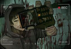 1boy absurdres black_eyes black_hair blood blood_on_clothes blood_on_face blood_splatter bloodshot_eyes bloody_handprints colored_sclera cry_of_fear dual_persona fake_photograph grey_hoodie handprint highres holding holding_phone hood hoodie ji01_jiji looking_at_viewer male_focus multiple_scars open_mouth phone red_sclera revealing_layer scar scar_on_arm self-harm short_hair simon_henriksson simon_henriksson_(book) sleeves_rolled_up solo tile_wall tiles wrist_cutting
