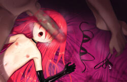 1boy 1girl aftersex bra censored choker commentary_request cum cum_on_body cupless_bra dark-skinned_male dark_skin elbow_gloves flat_chest gloves heavy_breathing hetero lingerie lipstick_mark lipstick_mark_on_penis loli long_hair lying mosaic_censoring navel nipples nude ohlia on_back open_mouth panties pearl_thong penis penis_on_face penis_over_eyes red_hair saliva saliva_trail shakugan_no_shana shana solo_focus stained_sheets sweat tongue underwear unworn_bra unworn_panties