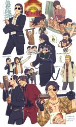 &gt;_&lt; 2girls 6+boys :d ? absurdres bag bare_pectorals baseball_bat belt black_belt black_hair black_jacket black_pants black_shirt black_suit blonde_hair blush blush_stickers bottle bowl_cut brown_hair brown_jacket brown_pants bulge buttons character_request cho_(chorion) cigarette closed_eyes collared_shirt cowboy_shot cropped_legs cropped_torso cuffs dress erection erection_under_clothes eyepatch facial_hair formal_clothes fur-trimmed_jacket fur_trim goda_ryuji green_jacket grey_hair grey_pants grin handcuffs highres holding holding_bag holding_baseball_bat holding_cigarette holding_knife hood hood_down hooded_jacket hugging_object injury irezumi jacket jewelry knife lapel_pin lapels looking_at_another lying majima_goro makimura_makoto male_focus medium_hair multiple_boys multiple_girls multiple_views mustache nausea necklace necktie nishitani_homare notched_lapels on_stomach one_eye_covered open_clothes open_jacket open_mouth pants partially_unbuttoned pectorals phone pill pinstripe_jacket pinstripe_pants pinstripe_pattern pinstripe_suit polka_dot polka_dot_dress ponytail purple_necktie red_jacket red_necktie red_pants red_shirt red_suit ryuu_ga_gotoku_(series) ryuu_ga_gotoku_0 saejima_taiga sagawa_tsukasa shirt shopping_bag short_hair smile speech_bubble striped stuffed_animal stuffed_bird stuffed_toy suit sunglasses sweat sweater tattoo thick_eyebrows upper_body very_short_hair white_dress white_jacket white_shirt yellow_jacket yuki_(ryuu_ga_gotoku)