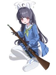 1girl absurdres ahoge animal_ear_hairband animal_ears black_gloves black_hair blue_archive blue_serafuku blue_shirt blue_skirt blunt_bangs blunt_sidelocks blush bolt_action bright_pupils chinese_commentary commentary_request fake_animal_ears full_body gloves green_neckerchief grey_halo gun hairband halo highres holding holding_gun holding_weapon long_hair long_sidelocks long_sleeves looking_at_viewer making-of_available midriff_peek miyu_(blue_archive) neckerchief open_mouth pantyhose peanut_mouth pleated_skirt puffy_long_sleeves puffy_sleeves rabbit_ear_hairband rabbit_ears raised_inner_eyebrows red_eyes rifle sailor_collar sailor_shirt school_uniform serafuku shirt shoe_soles shoes sidelocks simple_background sitting skirt sneakers solo two-tone_skirt very_long_hair weapon white_background white_pantyhose white_pupils white_sailor_collar white_shoes xiaoxiaoyifan