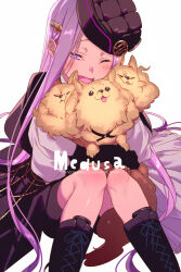1girl baby_animal black_boots black_gloves black_hat black_skirt blush boots cerberus character_name dog echo_(circa) elbow_gloves fate/grand_order fate_(series) gloves hair_ornament hairclip hat knee_boots long_hair long_sleeves medusa_(fate) medusa_(saber)_(fate) one_eye_closed open_mouth parted_bangs puppy purple_eyes purple_hair shirt sidelocks sitting skirt smile very_long_hair white_shirt