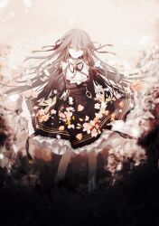 1girl absurdres arcaea black_dress black_ribbon chinese_commentary commentary_request dress feet_out_of_frame flower frilled_dress frills grey_hair grey_pantyhose hair_between_eyes hair_ribbon highres long_hair long_sleeves looking_at_viewer maboroshi_(freeze000) neck_ribbon pale_skin pantyhose petals petticoat pink_background pink_flower pink_petals ribbon solo standing tairitsu_(arcaea) tairitsu_(axium)_(arcaea) very_long_hair white_flower white_petals