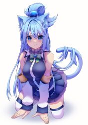 1girl :3 absurdres animal_ear_fluff animal_ears aqua_(konosuba) aqua_eyes aqua_hair blue_bow blue_bowtie blue_dress blush bow bowtie cat_ears cat_girl cat_tail closed_mouth cyan_paint detached_sleeves dress hair_between_eyes highres kono_subarashii_sekai_ni_shukufuku_wo! long_hair looking_at_viewer solo tail thighhighs very_long_hair white_background white_thighhighs
