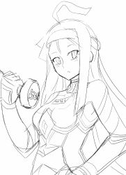 1girl armored_gloves blush breasts choker digimon digimon_(creature) dumbbell exercising female_focus gloves hand_on_own_hip headband hudiemon leotard long_hair looking_at_viewer medium_breasts open_mouth ph6xeivbgpimggg solo solo_focus weightlifting