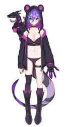 1girl :3 =_= absurdres alternate_costume animal animal_collar animal_ear_piercing animal_ears animal_hood animal_on_shoulder armpit_crease arms_at_sides asymmetrical_arms asymmetrical_legwear asymmetrical_sidelocks bare_shoulders bear_ears bear_hood belt belt_buckle belt_collar bikini bikini_under_clothes bird bird_on_shoulder black_belt black_bikini black_boots black_claws black_collar black_feathers black_hood black_jacket black_nails black_socks black_thighhighs blue_eyes boots breasts buckle chest_belt claws cleavage closed_mouth clothed_animal collar collarbone colored_extremities commentary curled_fingers curled_tail design_speculation detached_hood dot_nose double-parted_bangs dragon_girl dragon_tail drawstring earrings english_commentary eyes_visible_through_hair fake_animal_ears fang feathers fingernails furrowed_brow gluteal_fold gradient_bikini gradient_legwear gradient_thighhighs gradient_wings grey_feathers hair_between_eyes half-closed_eyes head_wings heterochromia highres hood hood_down hood_up hooded_jacket invisible_floor jacket jewelry karassawa knee_boots kneehighs knees lace-up_boots large_breasts large_hands light_blush long_eyelashes long_fingernails long_hair_between_eyes long_legs long_sleeves looking_at_viewer looking_to_the_side mismatched_eyebrows multicolored_jacket multicolored_wings multiple_earrings multiple_wings muzzle_(mask) narrowed_eyes navel nijisanji nijisanji_en off-shoulder_jacket off_shoulder open_clothes open_hand open_jacket over-kneehighs paw_print perching pet piercing pigeon-toed puffy_long_sleeves puffy_sleeves purple_bikini purple_boots purple_eyes purple_feathers purple_hair purple_hands purple_hood purple_socks purple_tail purple_thighhighs raised_eyebrows scarf selen_tatsuki short_hair simple_background single_kneehigh single_over-kneehigh single_sock single_thighhigh skin_fang sleeves_past_wrists slit_pupils smile smirk smug snap-fit_buckle socks solo sparkling_eyes spiked_collar spikes standing straight-on striped_blush striped_tail swimsuit tachi-e tail tail_ornament thick_eyelashes thick_tail thigh_belt thigh_strap thighhighs thighs toned toned_female tsurime two-sided_fabric two-sided_hood two-sided_jacket two-tone_jacket two-tone_legwear two-tone_scarf two-tone_socks two-tone_tail two-tone_thighhighs underbust unzipped v-shaped_eyebrows white_background wide_hips wing_piercing wings zipper zipper_pull_tab