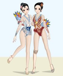 2girls absurdres black_hair breasts chignon chinese_clothes flower gold_medal highleg highleg_leotard highres japan leotard medium_breasts multiple_girls silver_medal