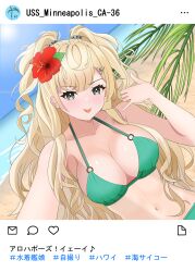 1girl absurdres beach bikini blonde_hair blue_sky cloud commentary_request day flower green_bikini grey_eyes gucchi_(gucchi_zuizui) hair_flower hair_ornament hairclip hibiscus highres horizon instagram kantai_collection long_hair looking_at_viewer minneapolis_(kancolle) navel o-ring o-ring_top ocean outdoors shaka_sign sky solo swimsuit tongue tongue_out translation_request two_side_up wavy_hair