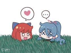 Rule 34 | 2girls, :d, blue hair, bow, death, disembodied head, foul detective satori, hair bow, hair ribbon, hair tubes, highres, miyadeguchi mizuchi, miyadeguchi mizuchi (human), multiple girls, multiple heads, open mouth, ponytail, ray u, red hair, ribbon, sekibanki, severed head, signature, smile, spoilers, symbol-shaped pupils, touhou, white background, x-shaped pupils, yukkuri shiteitte ne