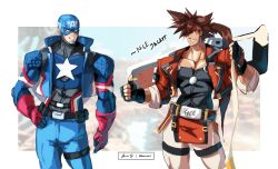 2boys absurdres belt brown_hair captain_america fingerless_gloves gloves guilty_gear guilty_gear_strive headband highres jacket long_hair male_focus marvel marvel_tokon:_fighting_souls mauro_unit_1 multiple_boys muscular muscular_male pectorals ponytail red_eyes smile sol_badguy spiked_hair sword weapon