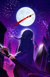 Rule 34 | 1boy, 2girls, absurdres, aerial fireworks, bari (project moon), blood, blood splatter, blue hair, blue jacket, building, don quixote (project moon), fireworks, from behind, full moon, highres, holding, holding sword, holding weapon, jacket, katana, la manchaland&#039;s don quixote (project moon), limbus company, long hair, long sleeves, moon, multiple girls, night, night sky, outdoors, project moon, ranya (artiraia), silhouette, sky, sword, weapon