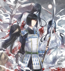 1boy 3girls black_hair blood blood_on_clothes blunt_bangs blunt_ends frown ghost grey_eyes hair_over_eyes holding holding_polearm holding_weapon long_hair looking_to_the_side multiple_girls official_alternate_costume polearm sengoku_basara shibata_katsuie_(sengoku_basara) short_hair snow toruglose weapon