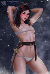 1girl a_song_of_ice_and_fire armpits arms_behind_head artist_name arya_stark bandeau belt black_eyes black_hair blush breasts cowboy_shot game_of_thrones groin highres looking_at_viewer medium_hair mole mole_on_stomach mole_on_thigh navel panties patreon_username prywinko seductive_smile small_breasts smile snow solo sword thighs underwear weapon white_bandeau white_panties