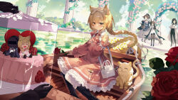 1other 4girls absurdres amiya_(arknights) animal animal_ear_fluff animal_ears arknights bag bare_shoulders black_boots black_eyes black_gloves black_hair black_pantyhose blonde_hair boat boots brown_hair brown_pantyhose cat character_doll chinese_commentary column commentary_request dappled_sunlight doctor_(arknights) dress flower frills gloves hair_ornament hairclip heterochromia highres knee_boots long_hair long_sleeves medium_hair multiple_girls nightmare_(arknights) nightmare_(the_ferry_girl)_(arknights) official_alternate_costume out_of_frame pantyhose perfumer_(arknights) pillar pink_dress pink_flower pink_rose priestess_(arknights) red_eyes red_flower red_rose rope rose sitting sparkle sunlight textless_version unmei_no_watashijin water watercraft waving_arm