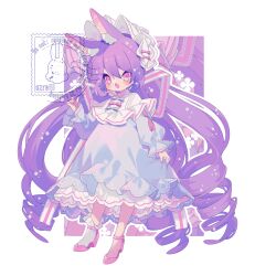 Rule 34 | 1girl, animal ear fluff, animal ears, blue bow, blue dress, blush, bonnet, bow, commentary, dress, eyes visible through hair, fang, frilled dress, frills, full body, hair between eyes, hand up, high heels, highres, long hair, long sleeves, low drills, open mouth, original, ozureiji, petticoat, pink bow, pink eyes, pink nails, pink shoes, purple hair, rabbit ears, ribbon, shoes, single sock, skin fang, sleeve slit, socks, solo, symbol-only commentary, tsurime, very long hair, watermark, white bonnet, white ribbon, white socks