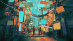 Rule 34 | 2others, alley, blue sky, building, city, dkaism, english text, faceless, full body, highres, limited palette, multiple others, original, painterly, sitting, sitting on stairs, sky, stairs, surreal, talking